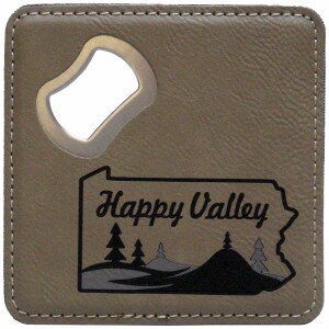 metal coaster/bottle opener wrapped in tan leather with Happy Valley graphic